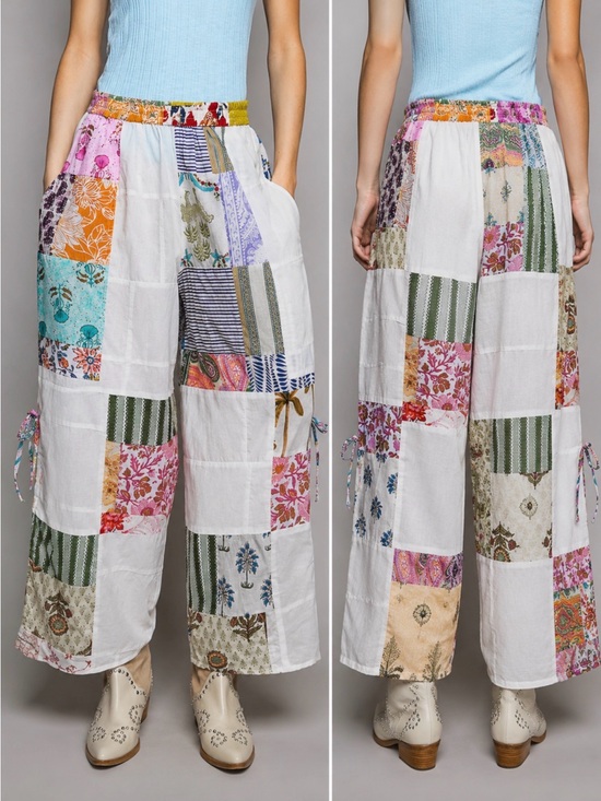 POL Pants - POL Printed Patchwork Wide Leg Pants with Adjustable Side Drawstring NWT